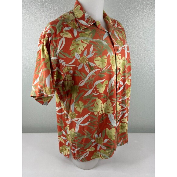 L L Bean Men Medium Tropical Shirt Burnt Orange Floral Palm Casual Beach - Picture 3 of 6